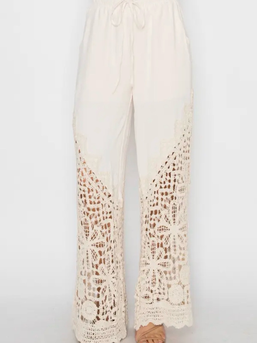 Crochet-Trim Wide-Leg Pants in Cream